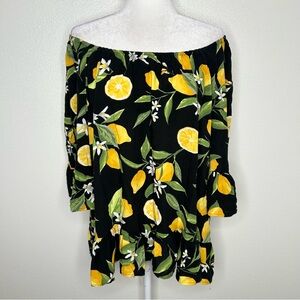 Unique Spectrum Womens Black & Yellow Off-Shoulder Lemon Print Top Plus Size 3X